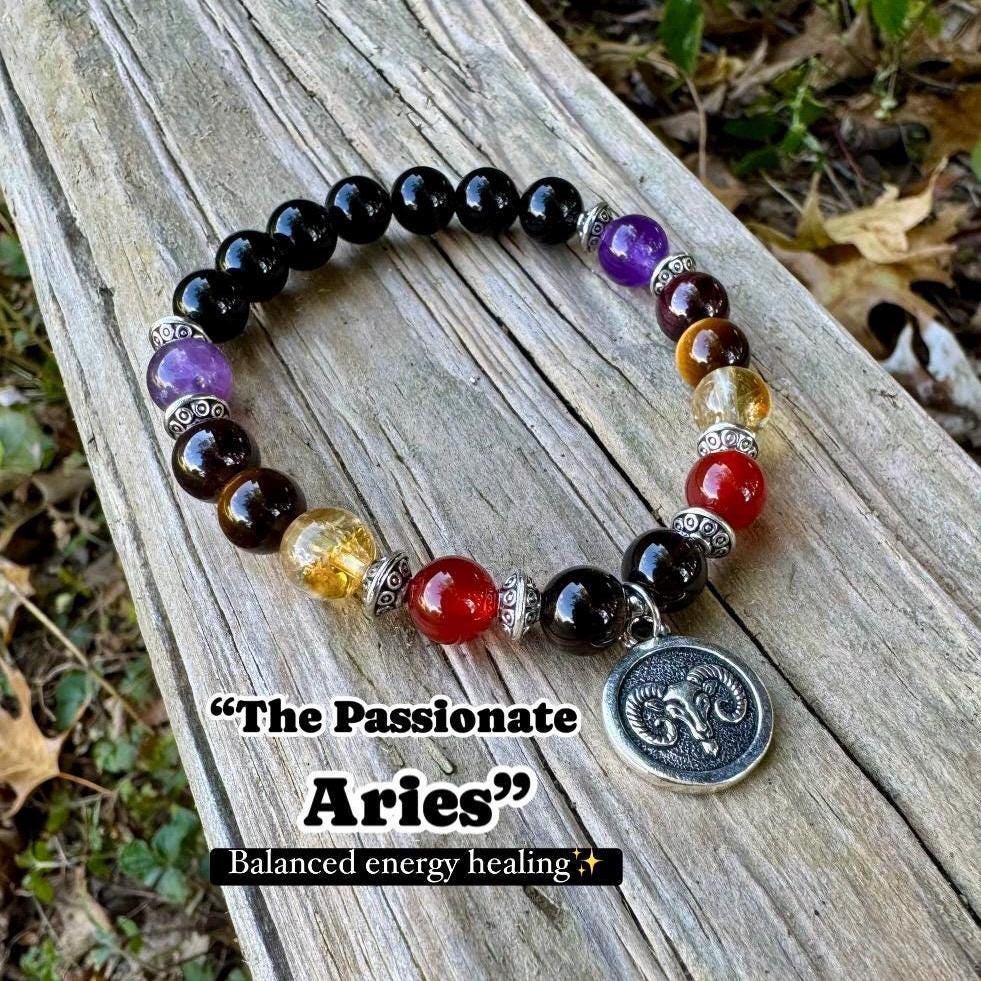Aries Energy - Zodiac Horoscope " The Passionate Aries " March April Birthday - REAL Quality Gemstones - Crystal Healing Bracelet