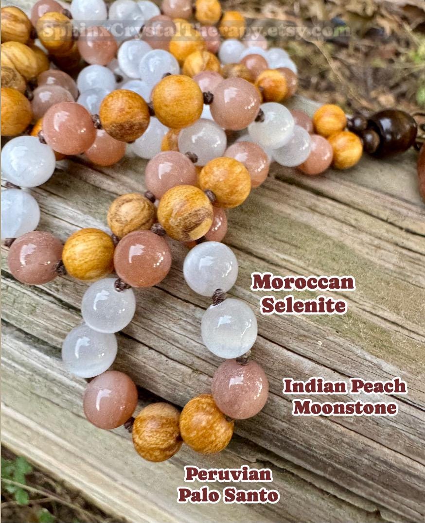 Cleansing Negative Energy Mala ” The White Witch " Spiritual Aura Clearing - Palo Santo Selenite - Quality Crystal Healing Gemstone Necklace