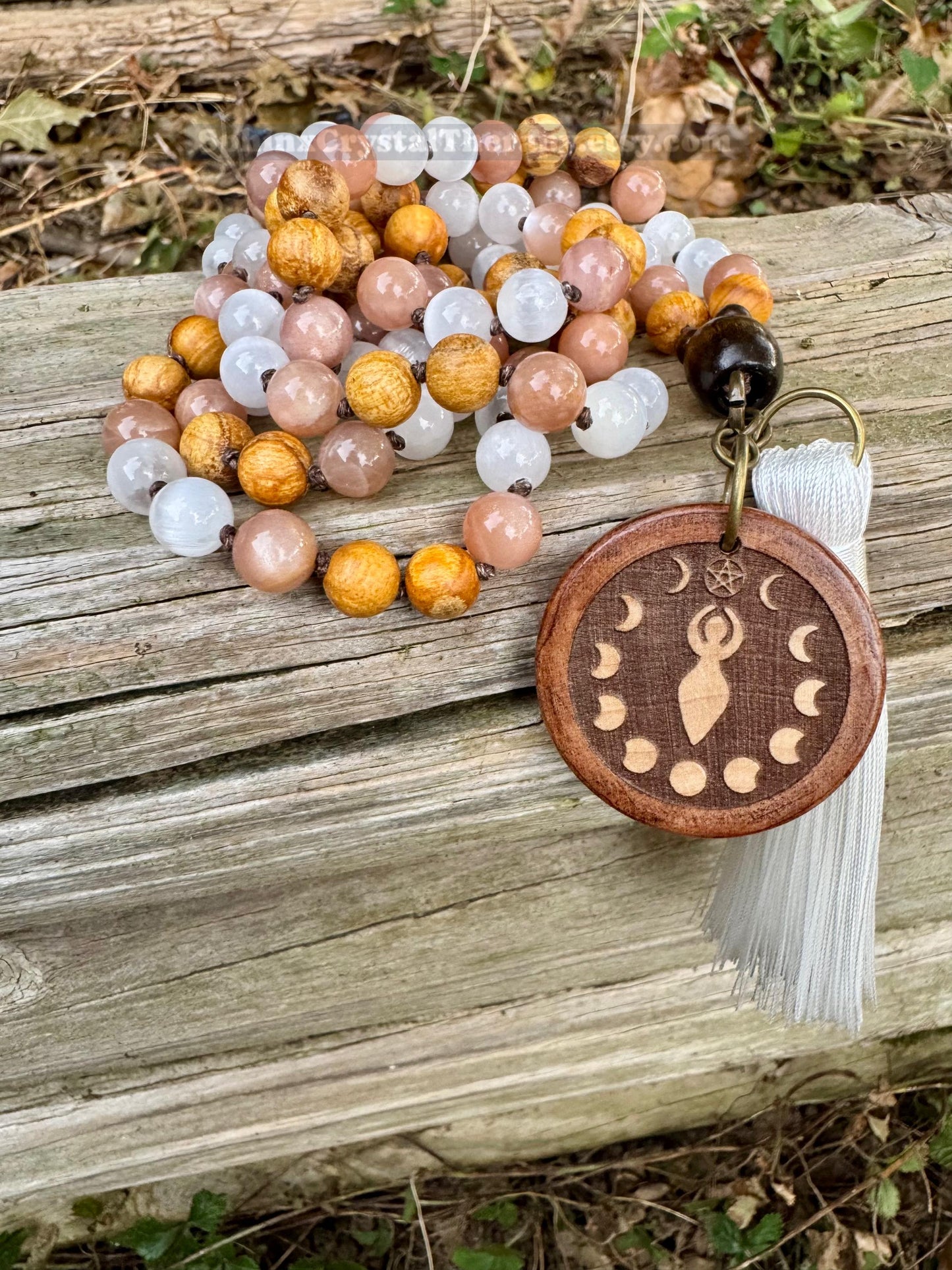 Cleansing Negative Energy Mala ” The White Witch " Spiritual Aura Clearing - Palo Santo Selenite - Quality Crystal Healing Gemstone Necklace