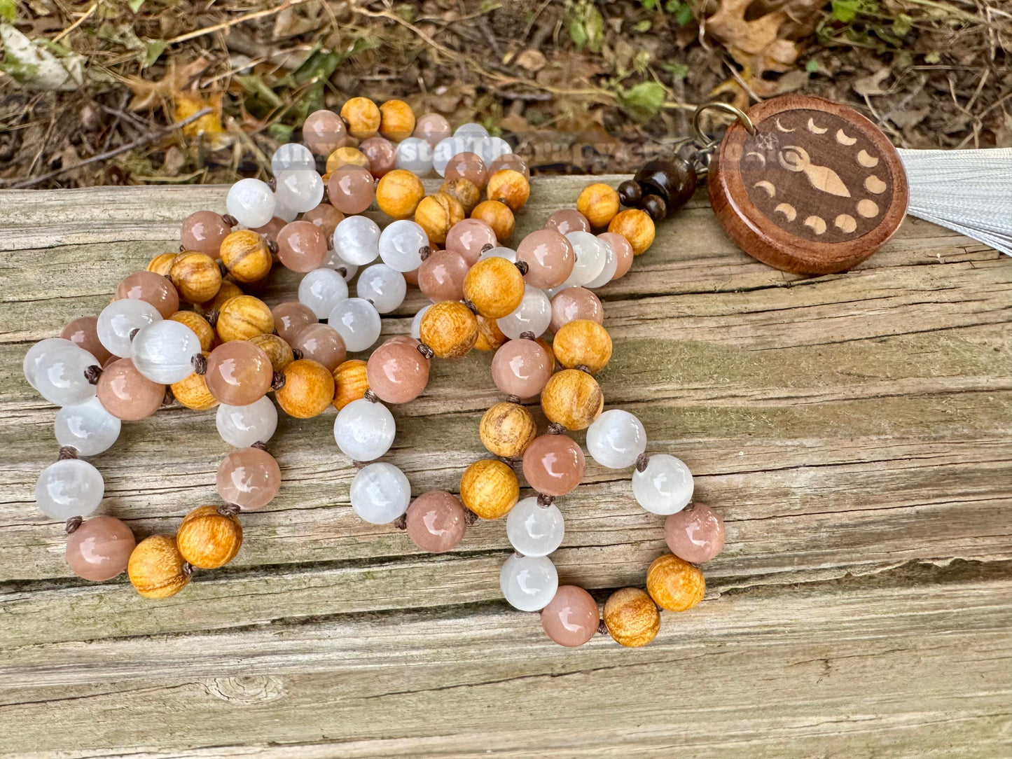 Cleansing Negative Energy Mala ” The White Witch " Spiritual Aura Clearing - Palo Santo Selenite - Quality Crystal Healing Gemstone Necklace