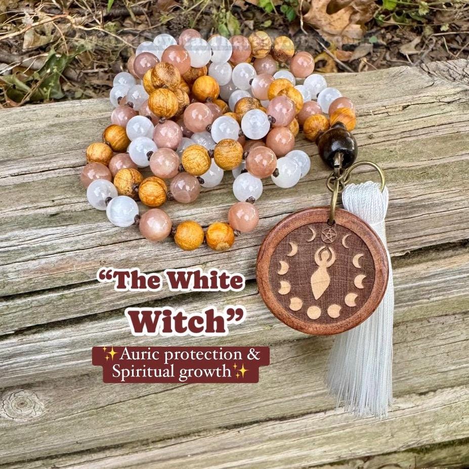 Cleansing Negative Energy Mala ” The White Witch " Spiritual Aura Clearing - Palo Santo Selenite - Quality Crystal Healing Gemstone Necklace