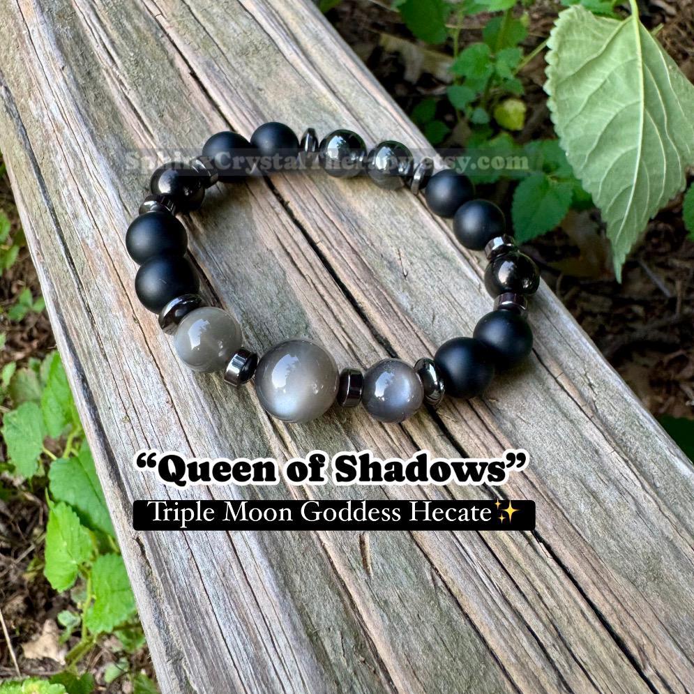 10mm Triple Moon Goddess Energy - RARE Black Moonstone " Queen Of Shadows " Hecate Spiritual Protection - Onyx - Jet - Crystal Bracelet