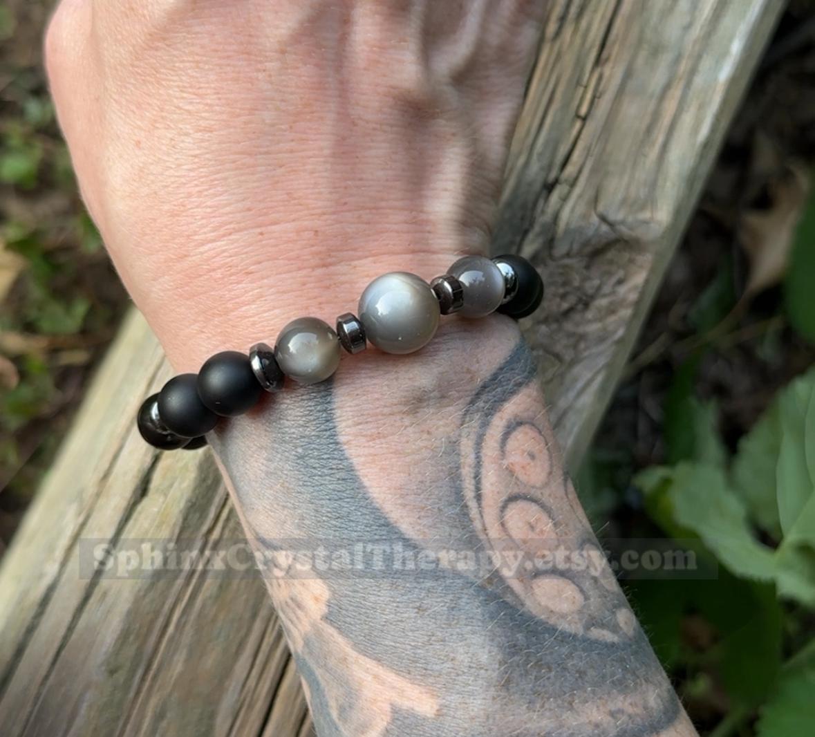 10mm Triple Moon Goddess Energy - RARE Black Moonstone " Queen Of Shadows " Hecate Spiritual Protection - Onyx - Jet - Crystal Bracelet