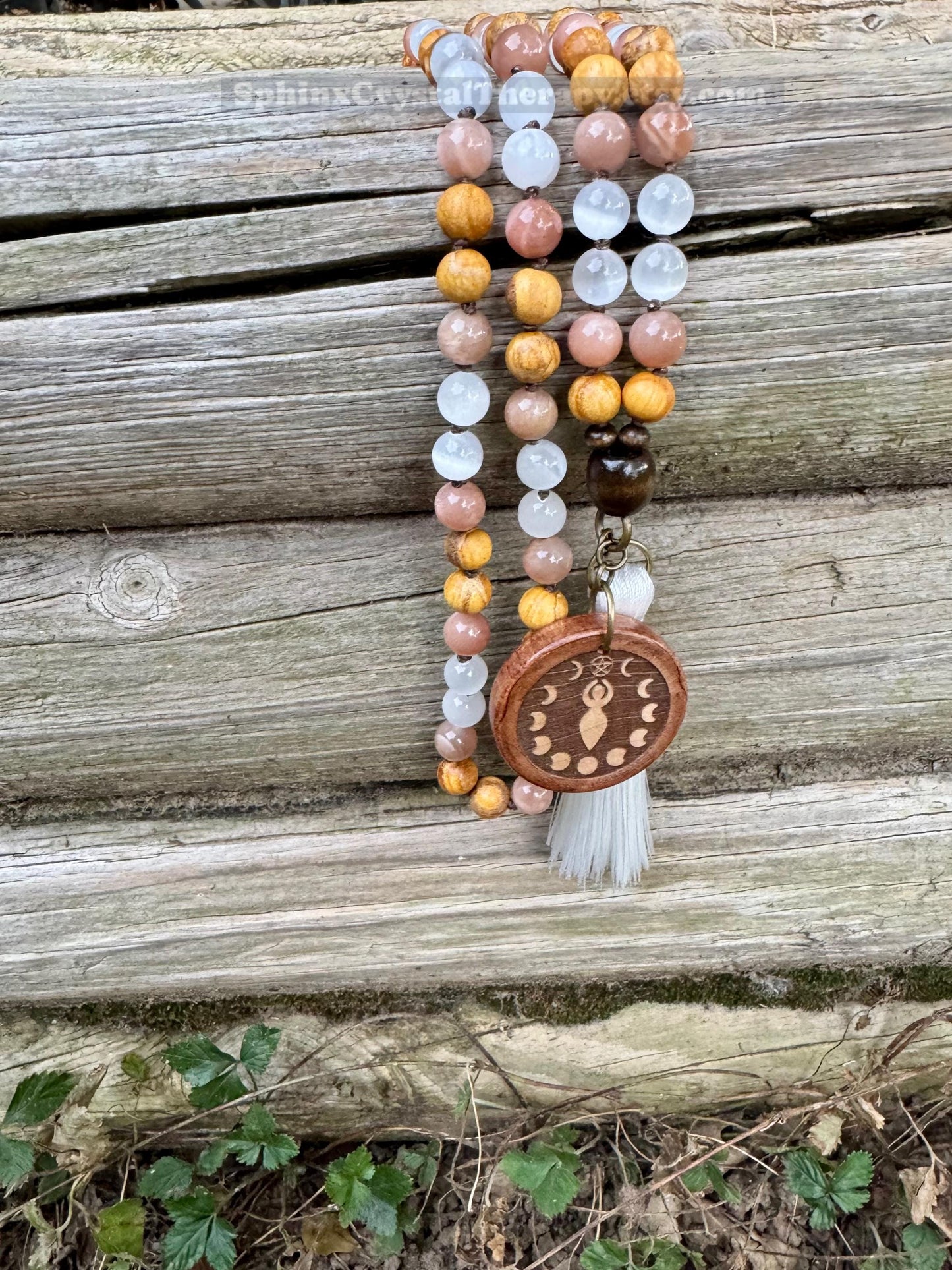 Cleansing Negative Energy Mala ” The White Witch " Spiritual Aura Clearing - Palo Santo Selenite - Quality Crystal Healing Gemstone Necklace