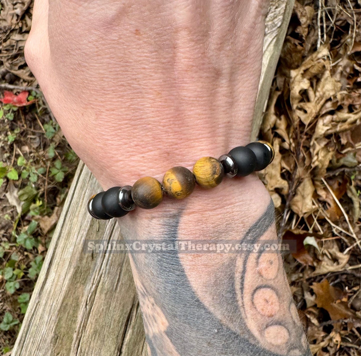 MENS 10MM Anxiety Support  - Strong Protection " Battle Ropes " Courage & Strength - Tigers Eye - Onyx - Crystal Healing Gemstone Bracelet