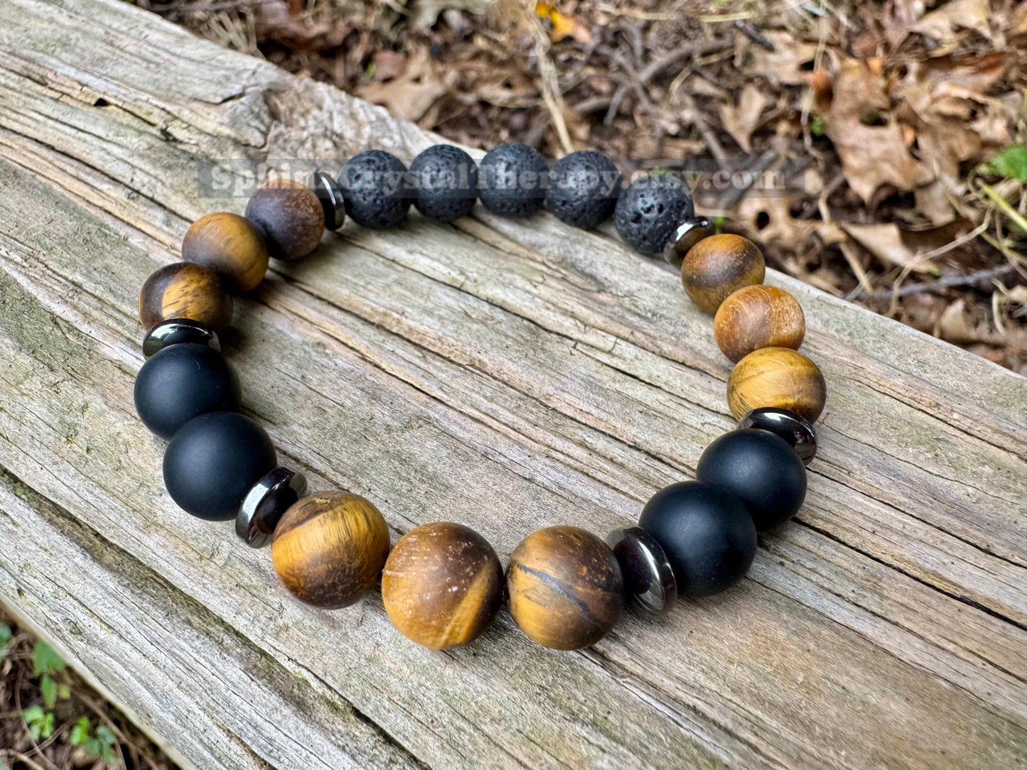 MENS 10MM Anxiety Support  - Strong Protection " Battle Ropes " Courage & Strength - Tigers Eye - Onyx - Crystal Healing Gemstone Bracelet