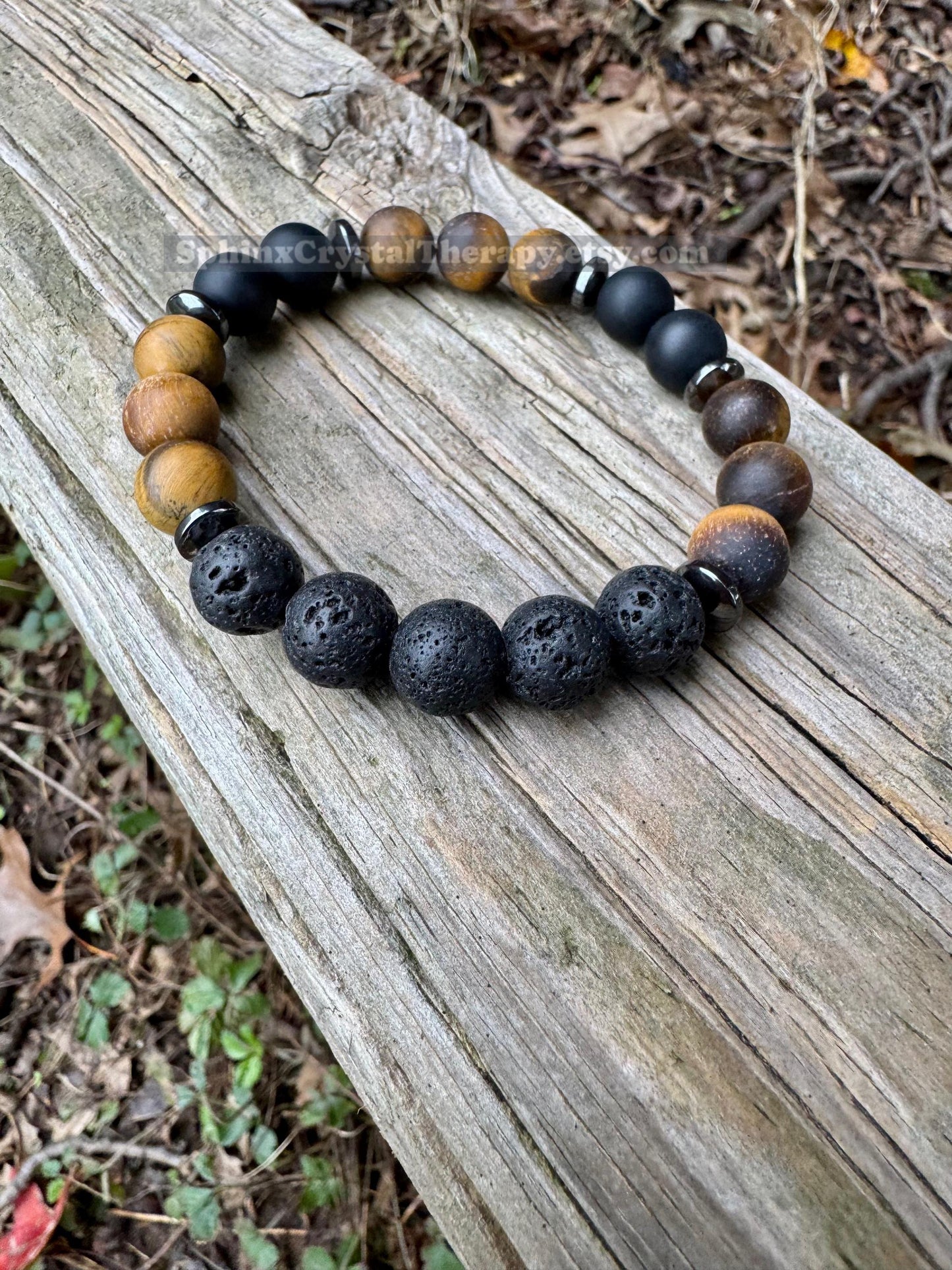 MENS 10MM Anxiety Support  - Strong Protection " Battle Ropes " Courage & Strength - Tigers Eye - Onyx - Crystal Healing Gemstone Bracelet