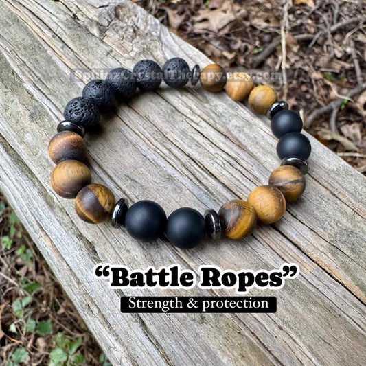 MENS 10MM Anxiety Support  - Strong Protection " Battle Ropes " Courage & Strength - Tigers Eye - Onyx - Crystal Healing Gemstone Bracelet