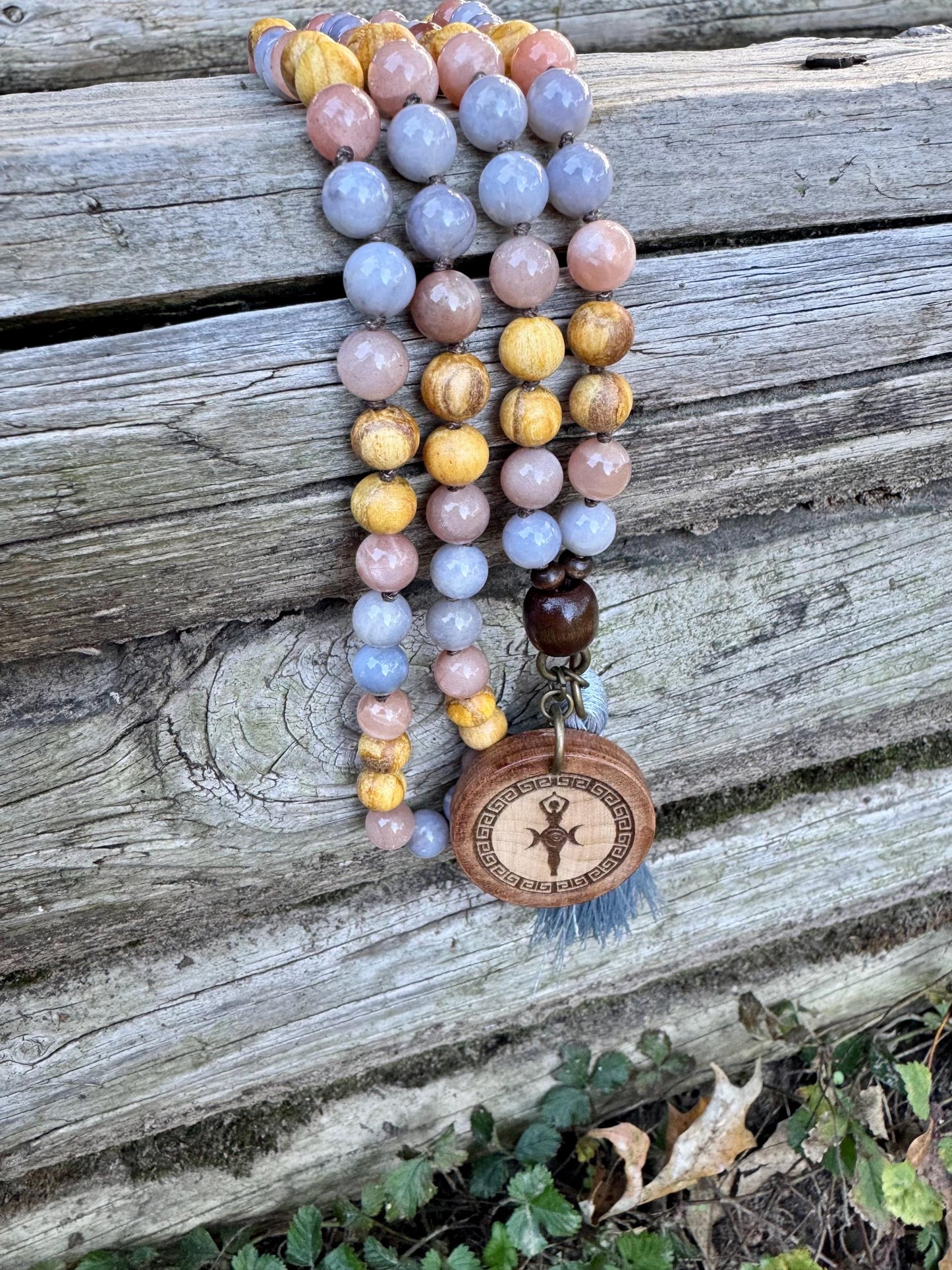 Only One - Heart Healing Mala Necklace - “ Aphrodite “ Goddess of Love - RARE Blue Rose Quartz - Moonstone - Palo Santo Crystal Gemstones