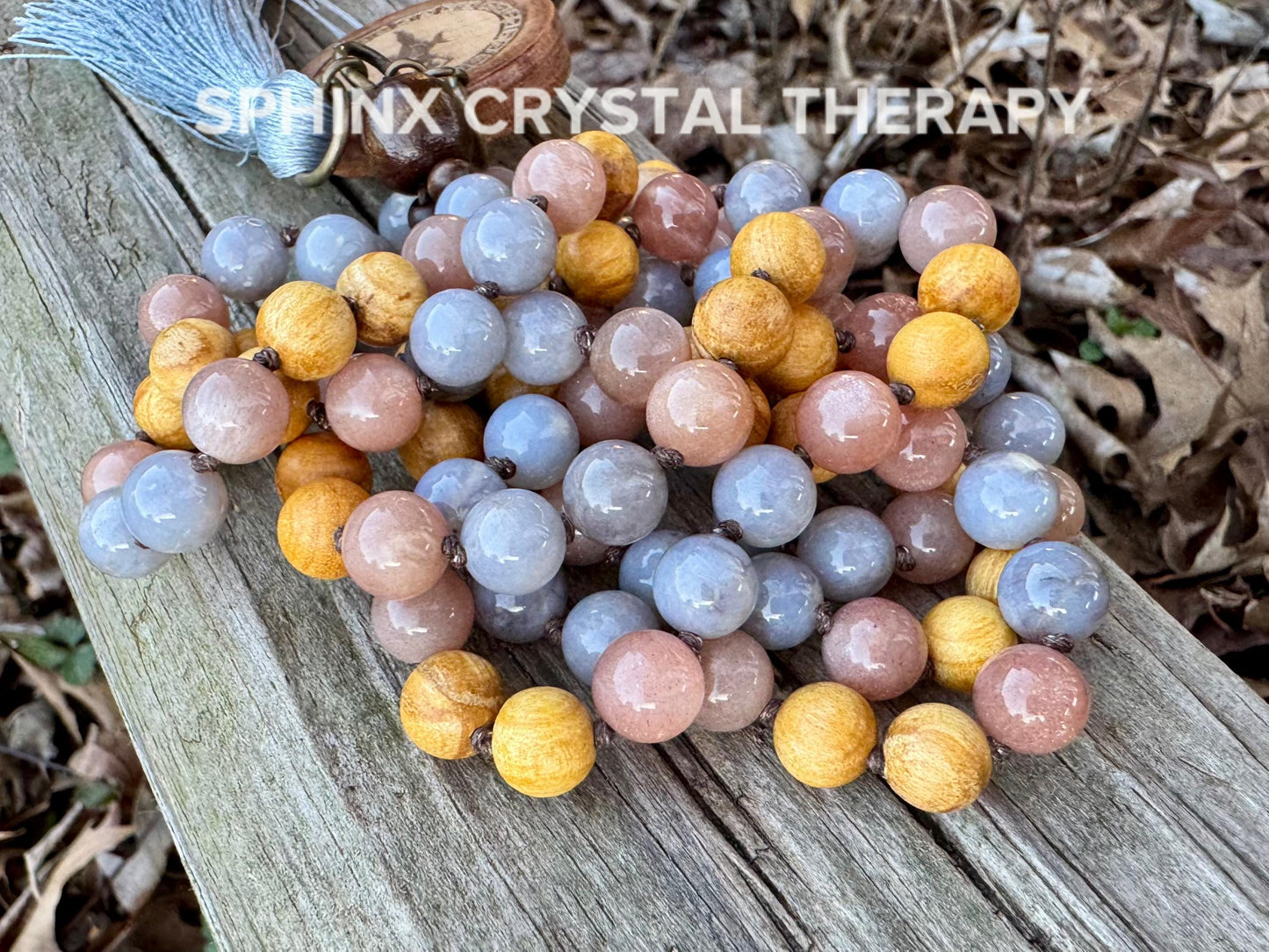 Only One - Heart Healing Mala Necklace - “ Aphrodite “ Goddess of Love - RARE Blue Rose Quartz - Moonstone - Palo Santo Crystal Gemstones