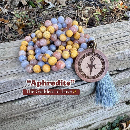 Only One - Heart Healing Mala Necklace - “ Aphrodite “ Goddess of Love - RARE Blue Rose Quartz - Moonstone - Palo Santo Crystal Gemstones