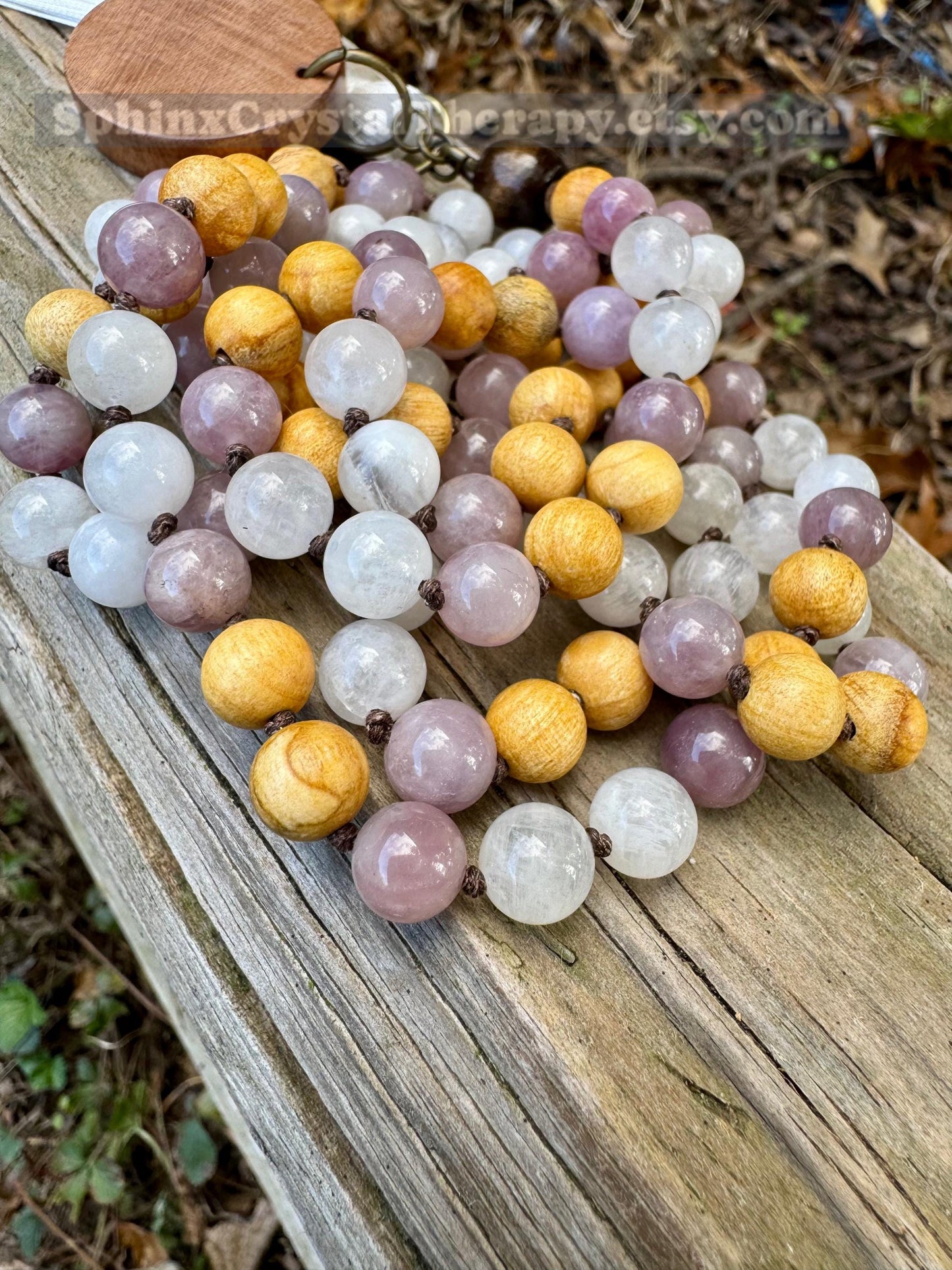 Only One - Heart Healing Mala Necklace - “ Aphrodite “ Goddess of Love - Rose Quartz - Moonstone - Palo Santo - Real Crystal Gemstones