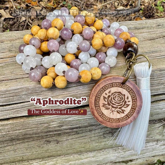 Only One - Heart Healing Mala Necklace - “ Aphrodite “ Goddess of Love - Rose Quartz - Moonstone - Palo Santo - Real Crystal Gemstones