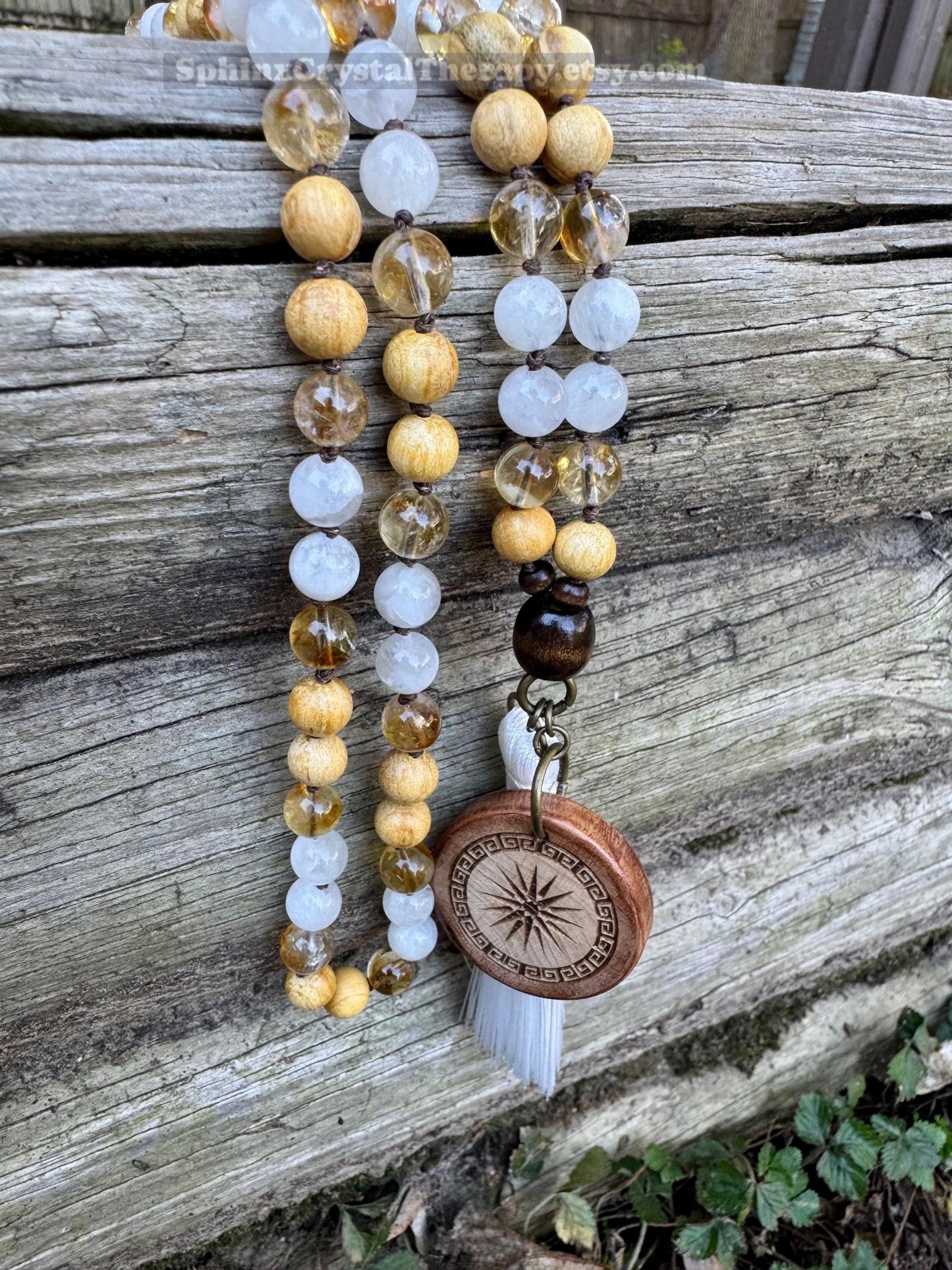 Only One - Joy & Positivity Mala Necklace - “ Alectrona “ Goddess of Sunshine - Citrine - Moonstone - Palo Santo - Real Crystal Gemstones