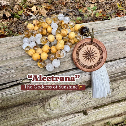 Only One - Joy & Positivity Mala Necklace - “ Alectrona “ Goddess of Sunshine - Citrine - Moonstone - Palo Santo - Real Crystal Gemstones