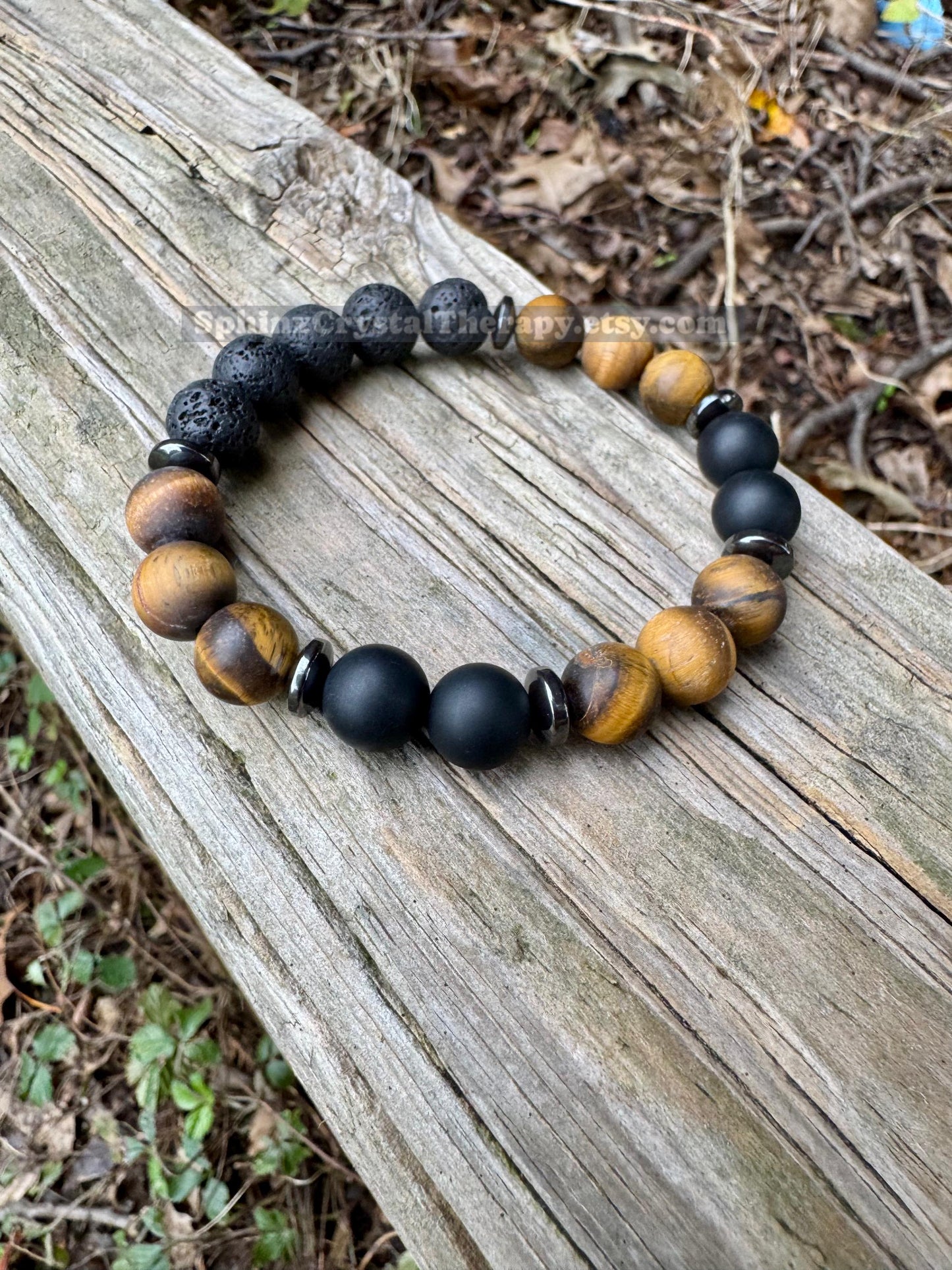 MENS 10MM Anxiety Support  - Strong Protection " Battle Ropes " Courage & Strength - Tigers Eye - Onyx - Crystal Healing Gemstone Bracelet
