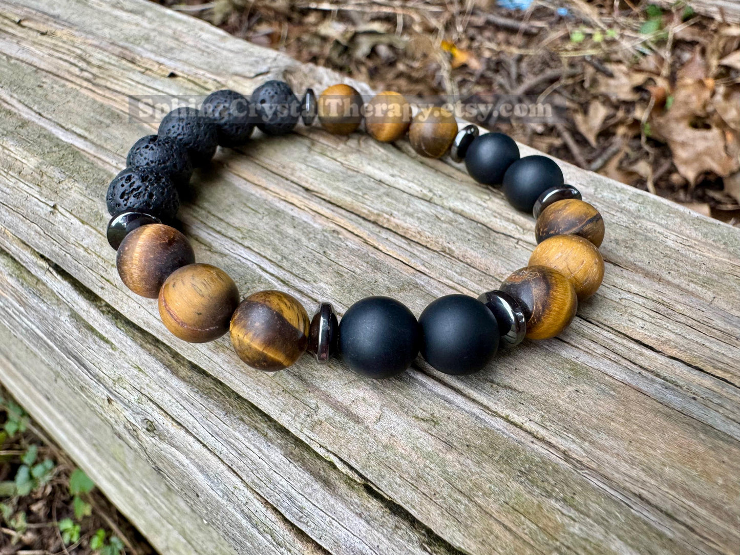 MENS 10MM Anxiety Support  - Strong Protection " Battle Ropes " Courage & Strength - Tigers Eye - Onyx - Crystal Healing Gemstone Bracelet