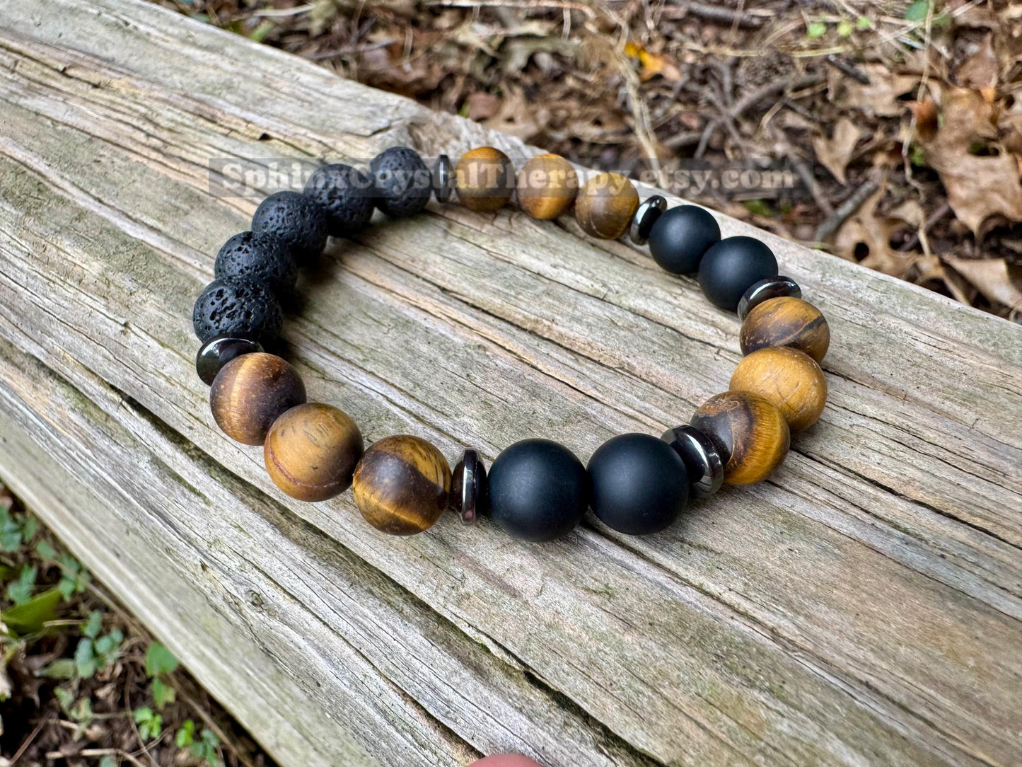 MENS 10MM Anxiety Support  - Strong Protection " Battle Ropes " Courage & Strength - Tigers Eye - Onyx - Crystal Healing Gemstone Bracelet