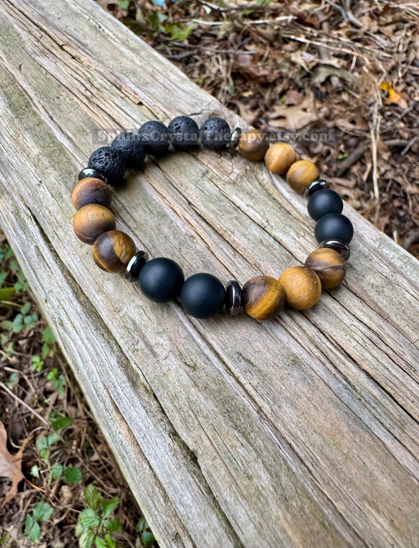 MENS 10MM Anxiety Support  - Strong Protection " Battle Ropes " Courage & Strength - Tigers Eye - Onyx - Crystal Healing Gemstone Bracelet