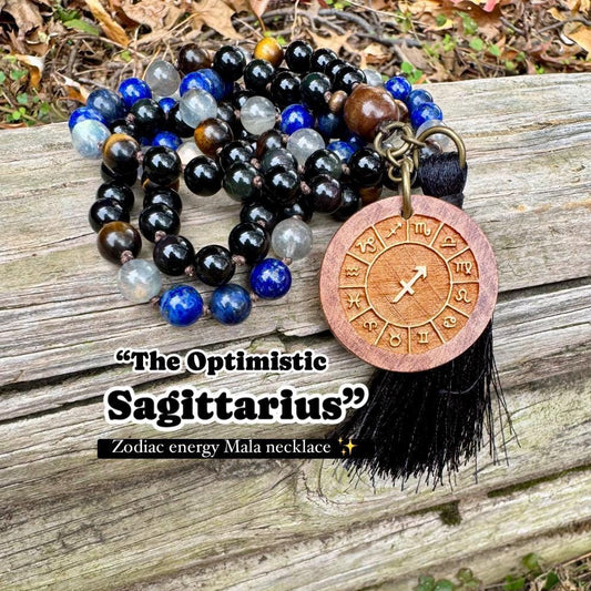 Sagittarius Energy Mala Necklace - The Optimistic Sagittarius " November December Birthday - High Quality Zodiac Crystal Healing Gemstones