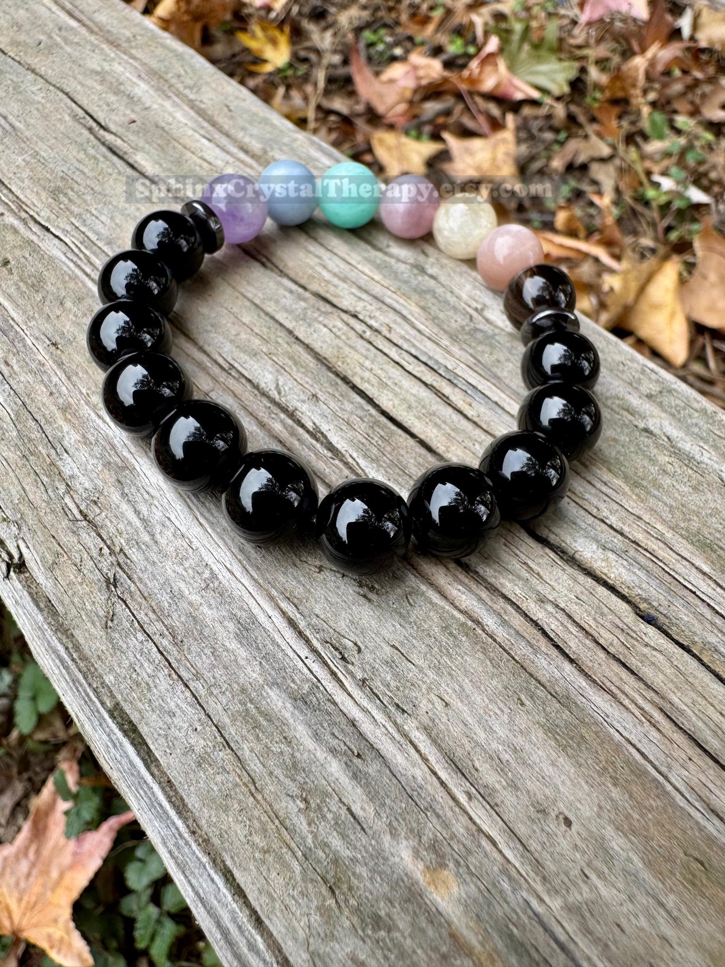 10mm Aura Protection - PASTEL Chakra Balance Stones -  Empath Support - Amethyst - Black Onyx - Hematite - Crystal Healing Gemstone Bracelet