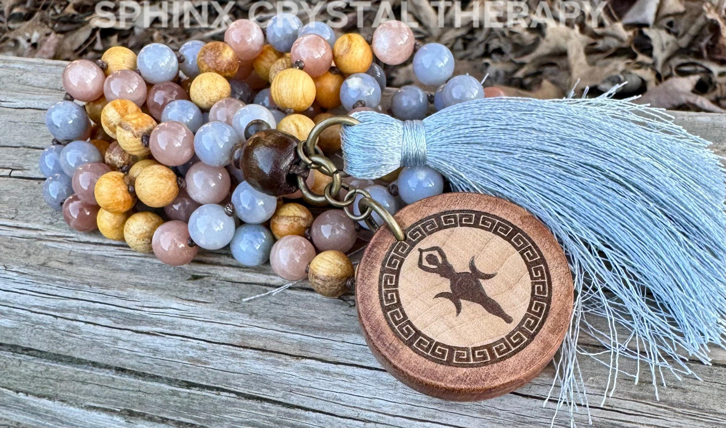 Only One - Heart Healing Mala Necklace - “ Aphrodite “ Goddess of Love - RARE Blue Rose Quartz - Moonstone - Palo Santo Crystal Gemstones