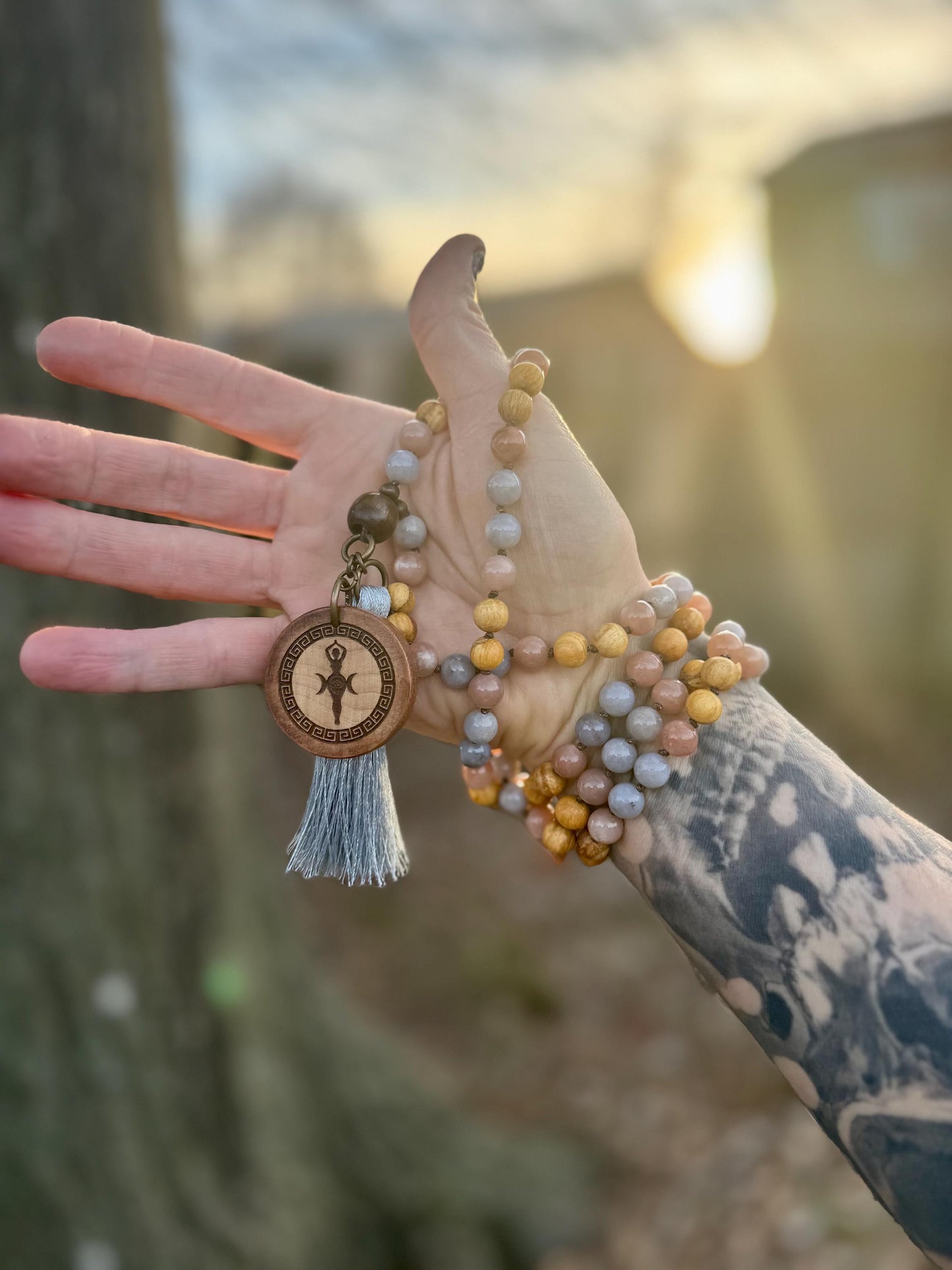 Only One - Heart Healing Mala Necklace - “ Aphrodite “ Goddess of Love - RARE Blue Rose Quartz - Moonstone - Palo Santo Crystal Gemstones