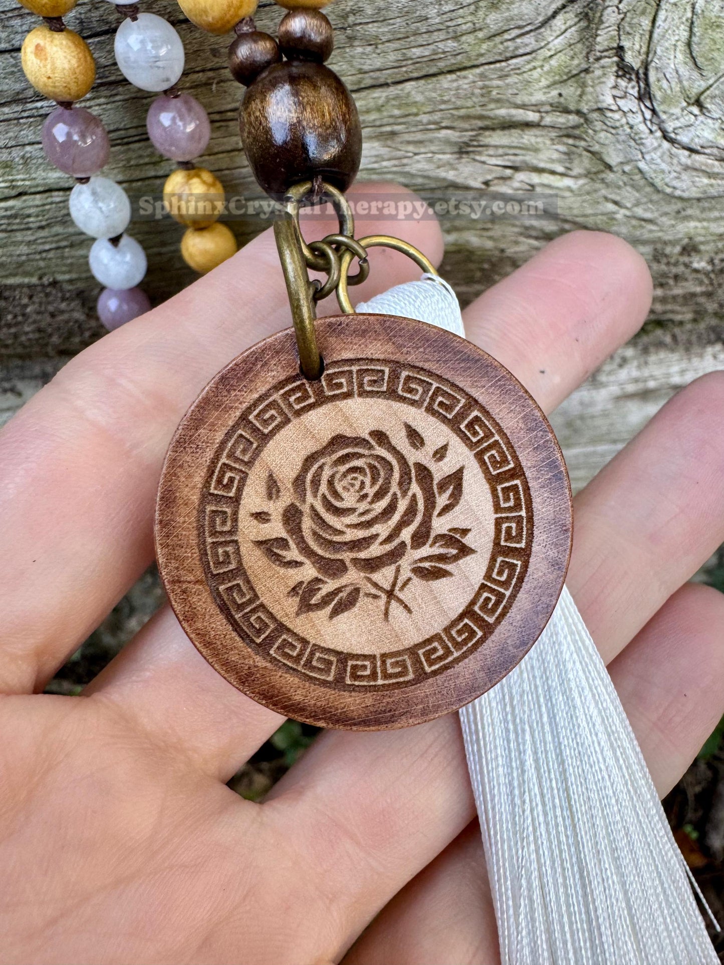 Only One - Heart Healing Mala Necklace - “ Aphrodite “ Goddess of Love - Rose Quartz - Moonstone - Palo Santo - Real Crystal Gemstones