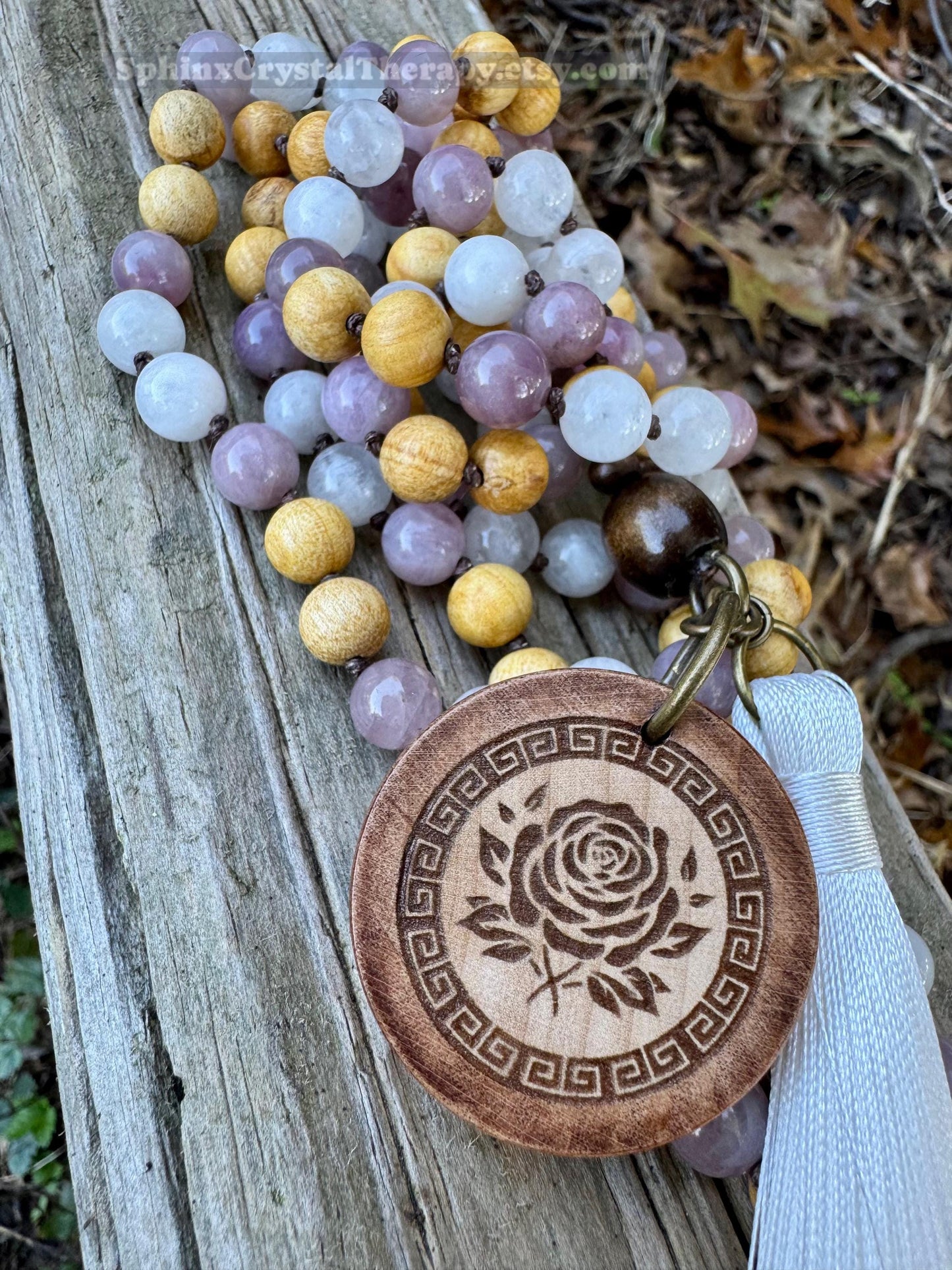 Only One - Heart Healing Mala Necklace - “ Aphrodite “ Goddess of Love - Rose Quartz - Moonstone - Palo Santo - Real Crystal Gemstones
