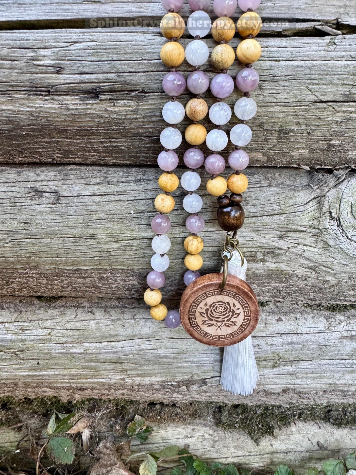 Only One - Heart Healing Mala Necklace - “ Aphrodite “ Goddess of Love - Rose Quartz - Moonstone - Palo Santo - Real Crystal Gemstones