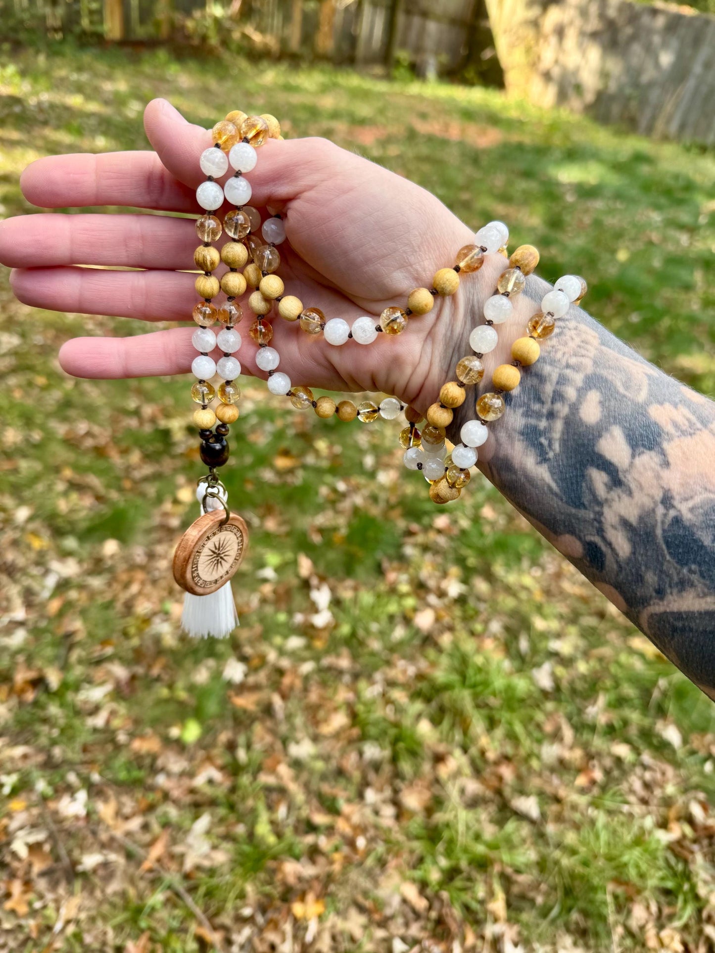 Only One - Joy & Positivity Mala Necklace - “ Alectrona “ Goddess of Sunshine - Citrine - Moonstone - Palo Santo - Real Crystal Gemstones