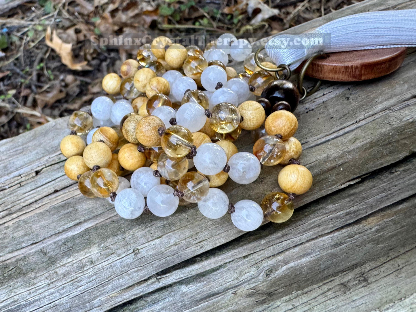 Only One - Joy & Positivity Mala Necklace - “ Alectrona “ Goddess of Sunshine - Citrine - Moonstone - Palo Santo - Real Crystal Gemstones