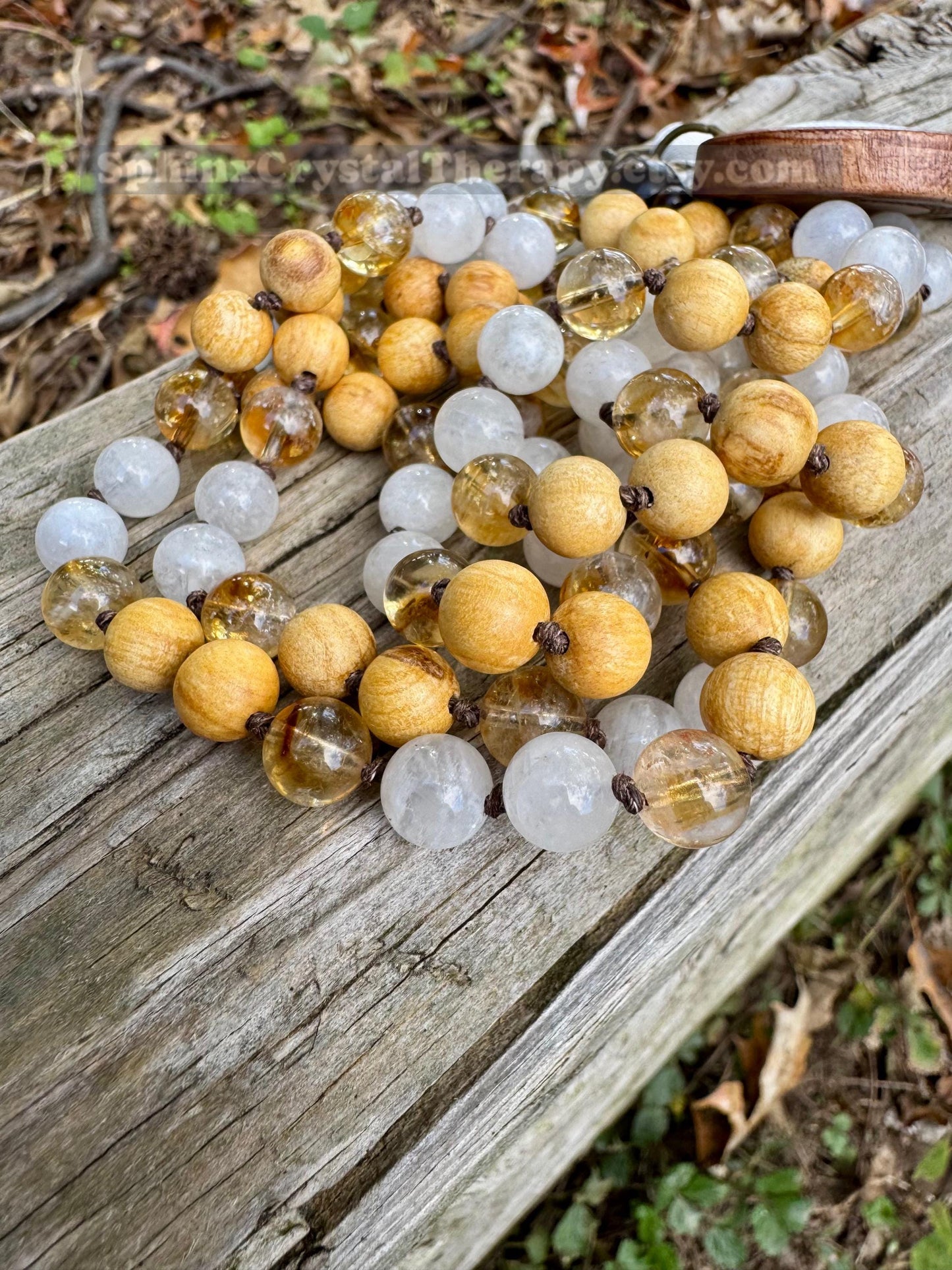 Only One - Joy & Positivity Mala Necklace - “ Alectrona “ Goddess of Sunshine - Citrine - Moonstone - Palo Santo - Real Crystal Gemstones