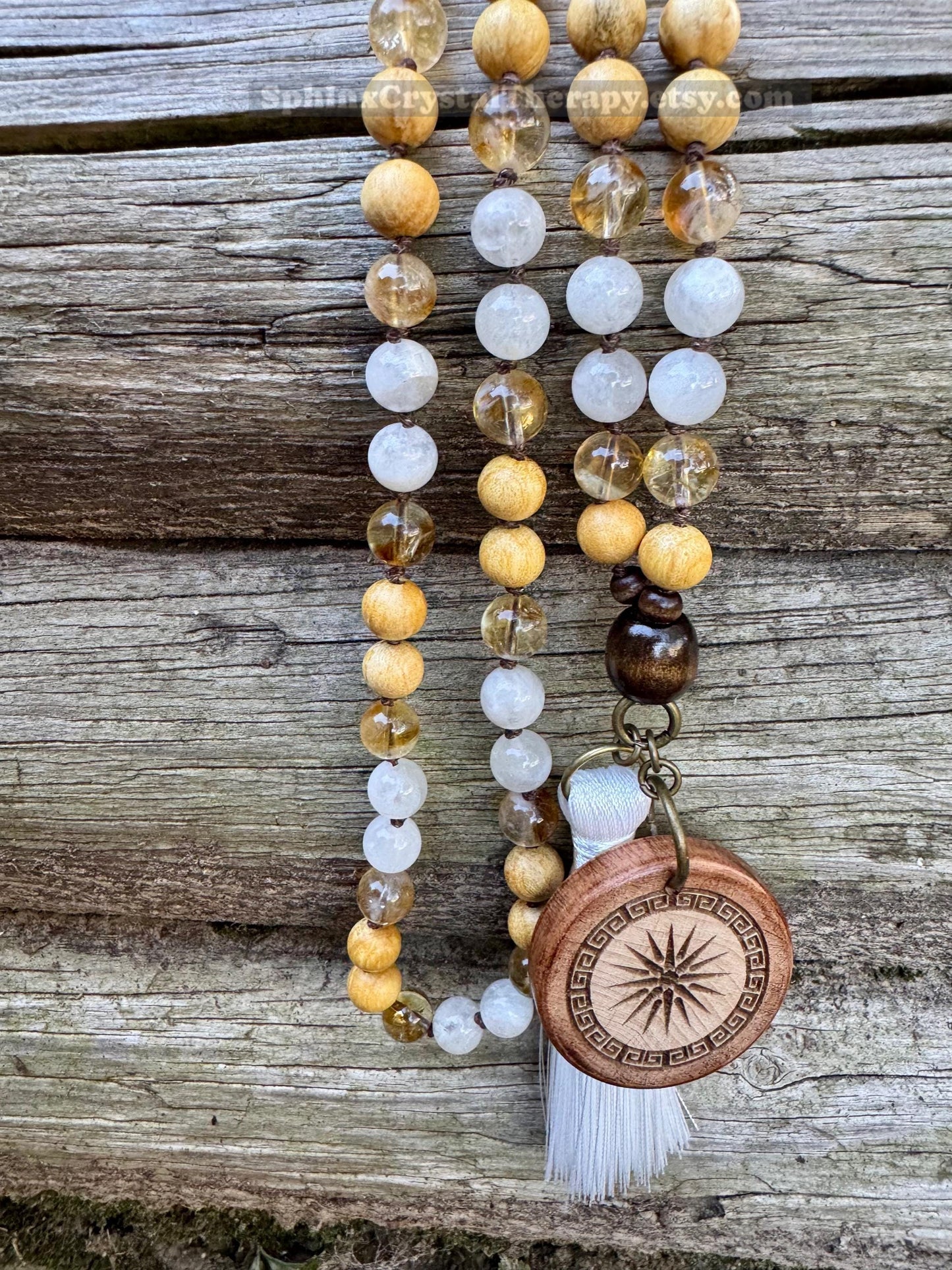 Only One - Joy & Positivity Mala Necklace - “ Alectrona “ Goddess of Sunshine - Citrine - Moonstone - Palo Santo - Real Crystal Gemstones
