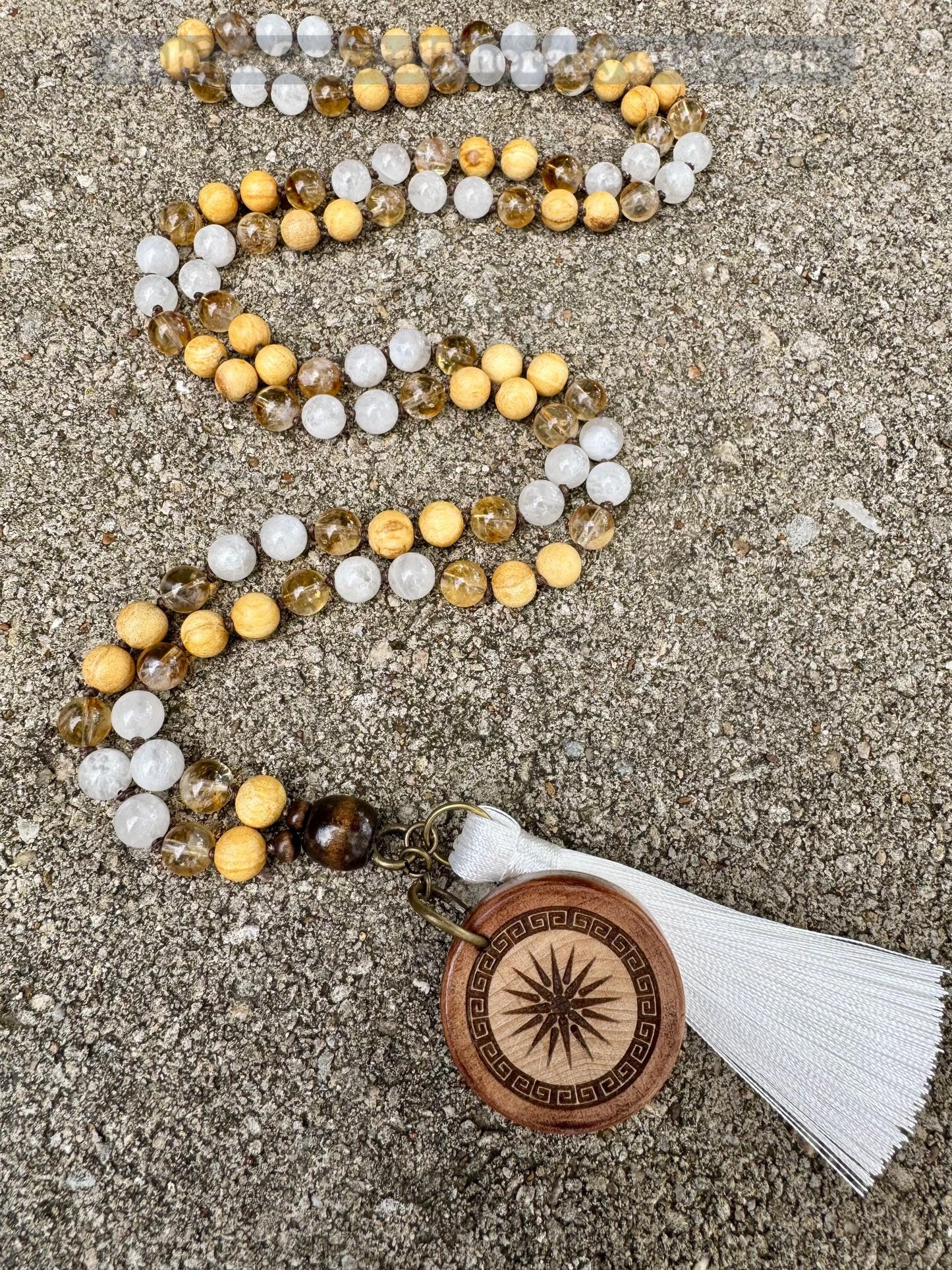 Only One - Joy & Positivity Mala Necklace - “ Alectrona “ Goddess of Sunshine - Citrine - Moonstone - Palo Santo - Real Crystal Gemstones