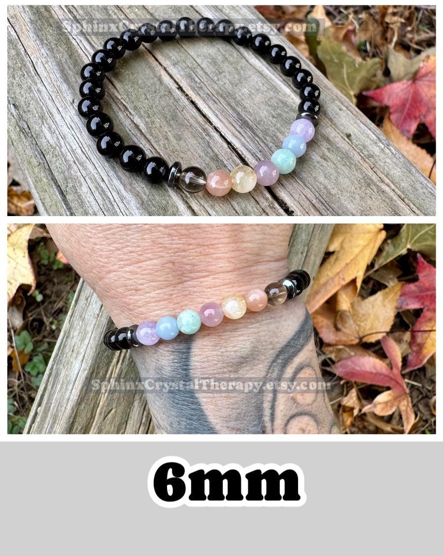 8mm Aura Protection - PASTEL Chakra Balance Stones -  Empath Support - Amethyst - Black Onyx - Hematite - Crystal Healing Gemstone Bracelet