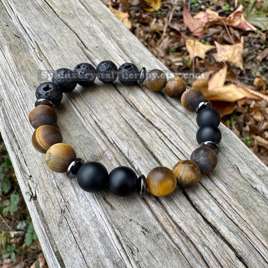 10MM Protection & Strength - IMPERFECT STONES- Stress Support - Tigers Eye - Onyx - Hematite - DISCOUNTED Crystal Healing Gemstone Bracelet